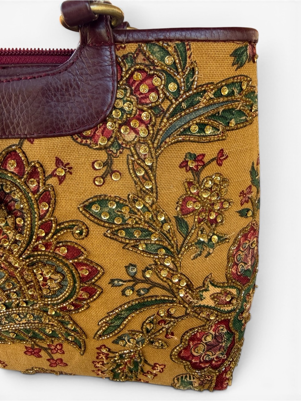 Rare Vtg Isabella Fiore Large Beaded Sequin Mustard Paisley Tote - Picture 5 of 14